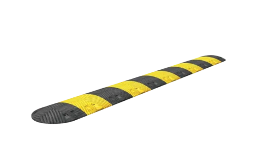 Recycled Rubber Speed Hump with high-visibility yellow markings for durable and eco-friendly traffic control in car parks and pedestrian areas.